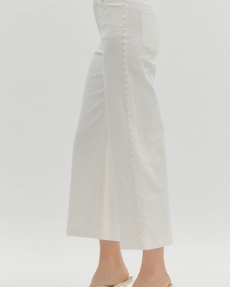 Solid White Pearl Embellished High Waist Wide Leg Crop Ankle Jeans