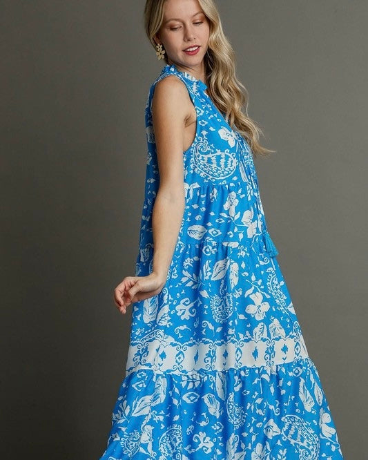 Blue & White Tropical Graphic Sleeveless Ruffle Neck Tie Midi Tiered Dress