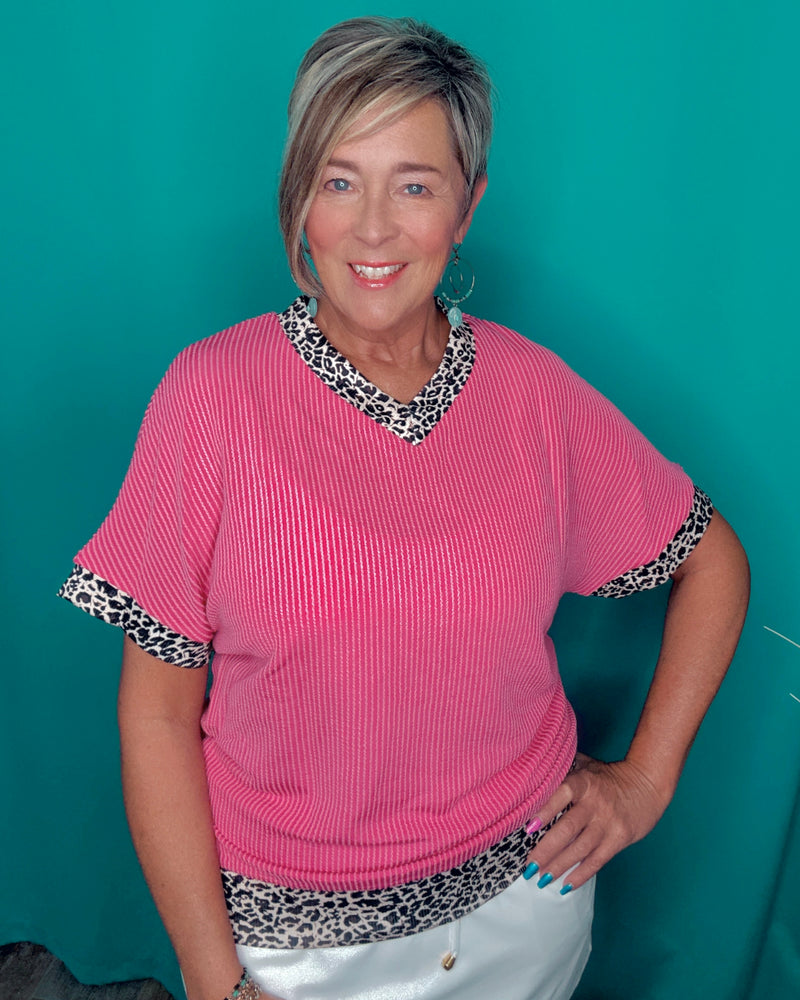 Pink Textured Leopard Trim Short Sleeve Top