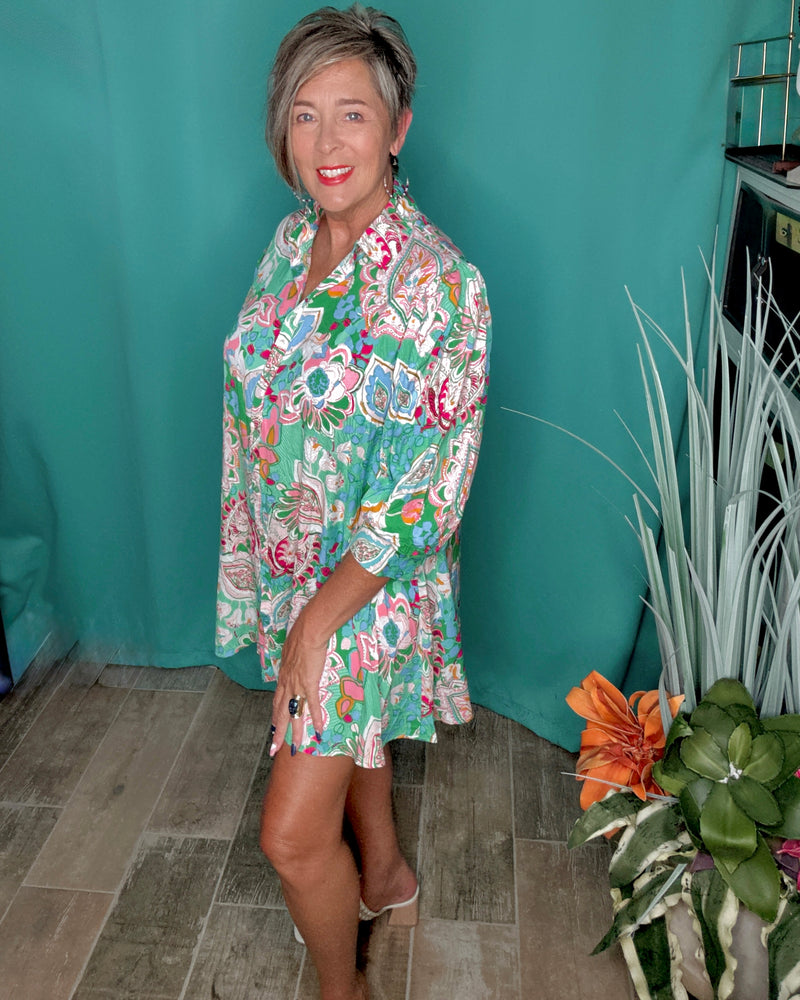 Green Pink Multicolor Paisley Floral Mix Print A-Line Swing Button Down 3/4 Sleeve Tunic Top Dress