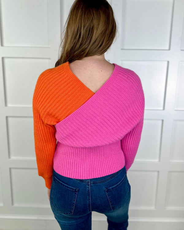 Pink & Orange Crossover VNeck Long Sleeve Ribbed Sweater