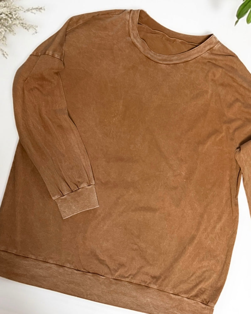 Tan Brown Mineral Wash Long Sleeve Round Neck Casual Top