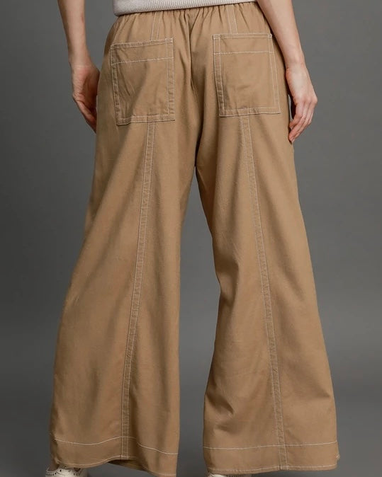 Brown Linen Blend Wide Leg Drawstring Pocket Pants