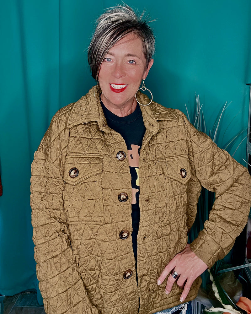 Copper, Brown or Mint Button Front Quilted Collared Long Sleeve Jacket w/Pockets