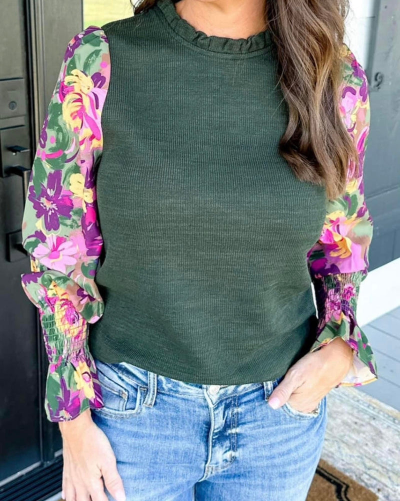 Hunter Green Ribbed Hi Neck Pink & Purple Floral Long Cuff Sleeve Top