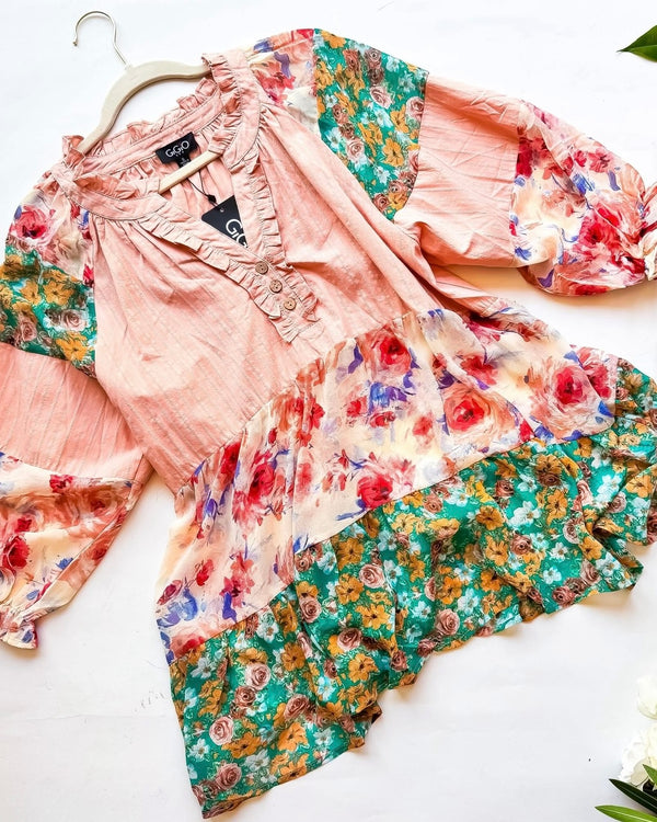 Boho Solid Peach and Floral Mix Media 3/4 Balloon Sleeve Babydoll Top