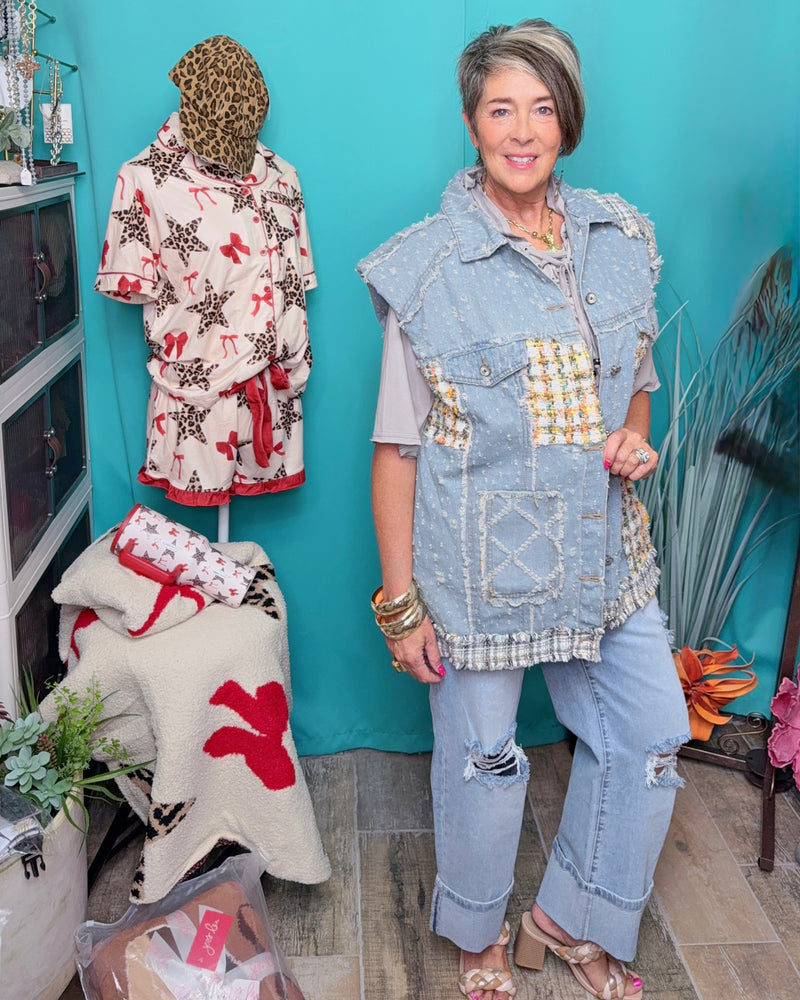 Denim Mix Patch Button Down Vest Jacket