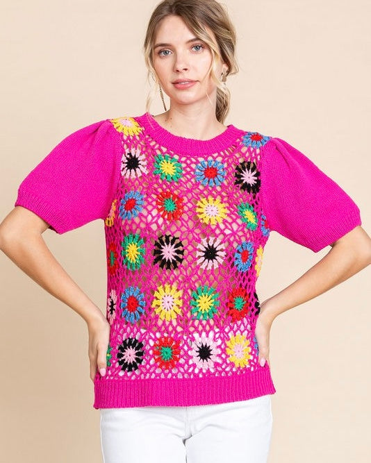 Hot Pink Hollowed Out Crochet Knit Puffed Short Sleeve Sweater Top