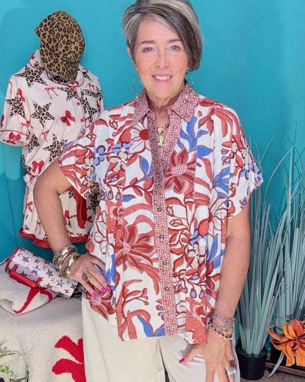 Mixed Contrasting Floral Print Brown or Crimson Button Down Short Sleeve Top