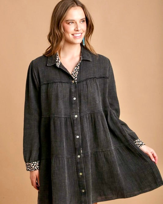 Charcoal Black Mineral Wash Cotton Gauze Button Down Tiered Dress