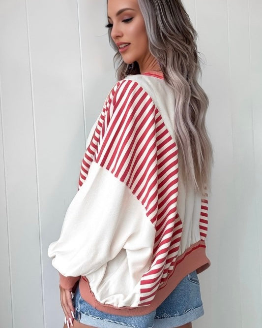White with Red Stripe Long Sleeve Oversize Pullover Sweatshirt Top