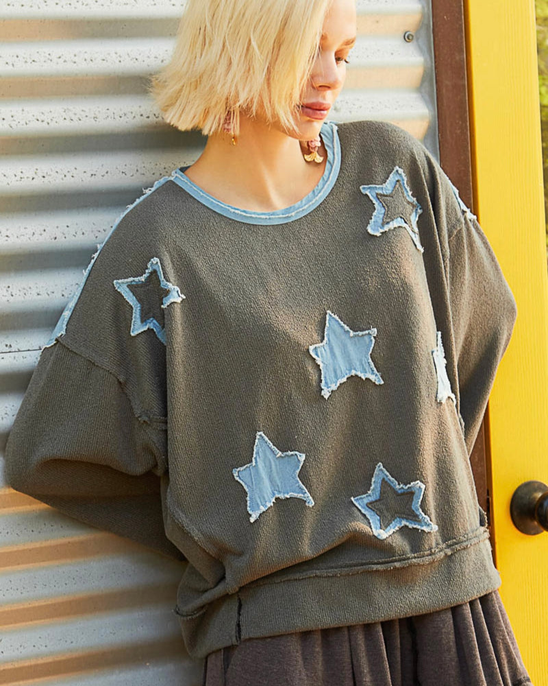 Charcoal & Blue Star Patch Long Sleeve Pullover Top