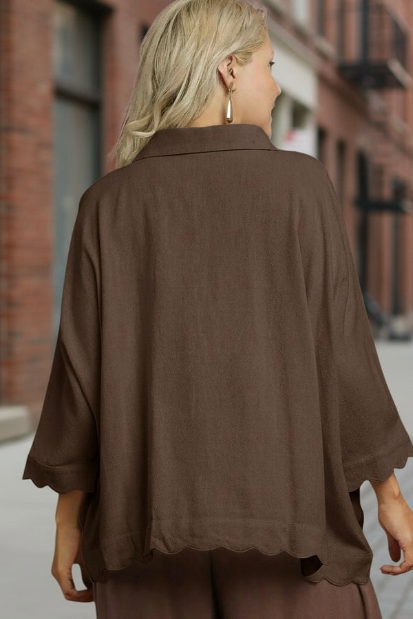 Plus Size Solid Espresso Brown 3/4 Scallop Sleeve Button Down Blouse