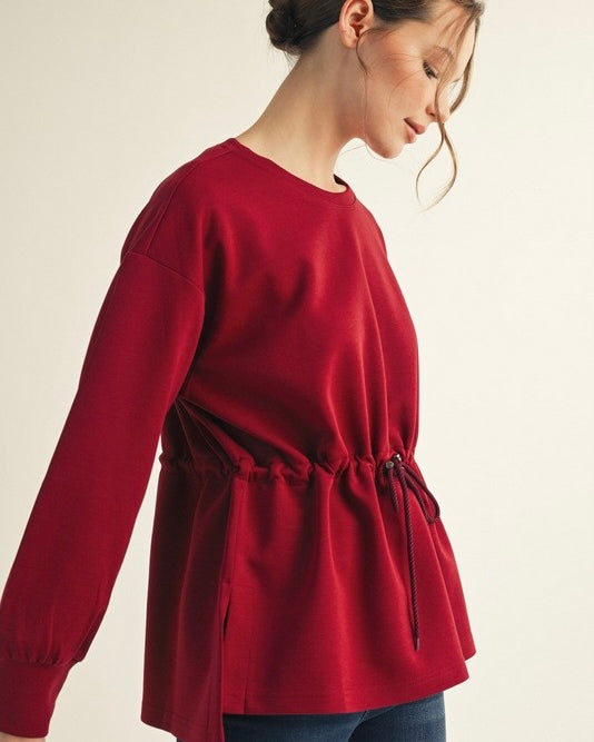 Solid Burgandy Wine Drawstring Waist Smooth Texture Long Sleeve Top