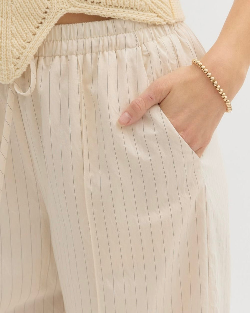 Ecru Cream Off White Striped High Waist Wide Leg Contrast Hem Pull on Pants