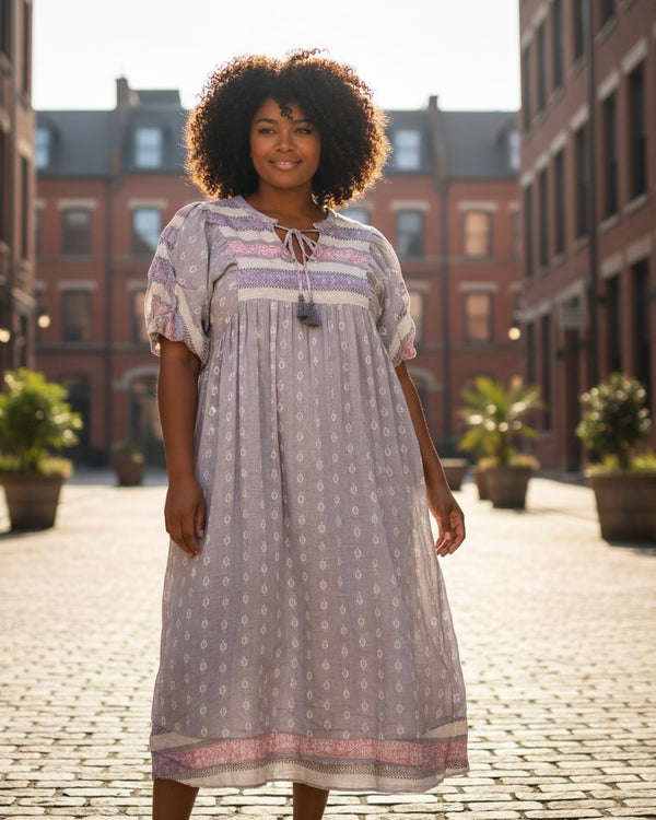 Gray & Pink Aztec Print Short Bubble Sleeve Tie Neck Midi Dress