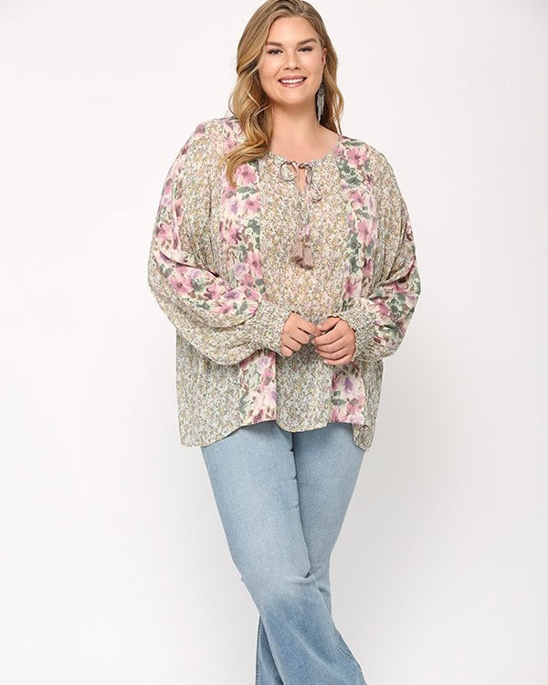 Plus Size Lilac Purple & Green Floral Mix Print Long Sleeve Drawstring Neck Blouse