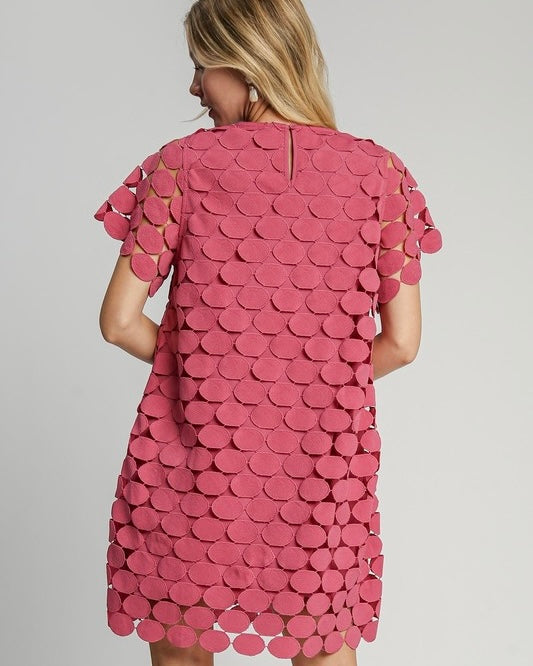 Raspberry Circle Polka Dot Lace Overlay Short Sleeve Party Dress