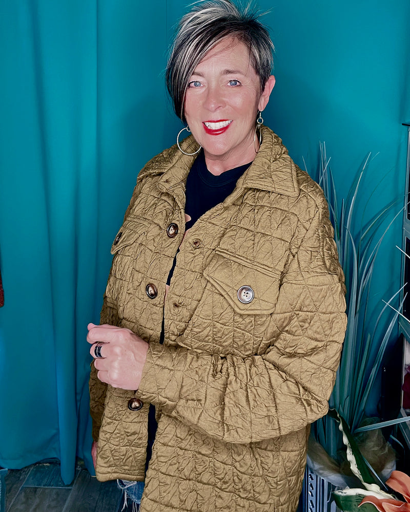 Copper, Brown or Mint Button Front Quilted Collared Long Sleeve Jacket w/Pockets