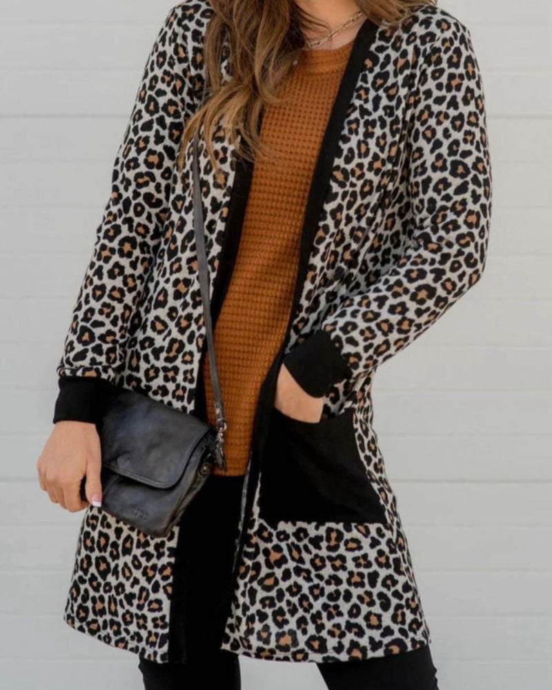 Black and Brown Leopard Light Soft Sweater Knit Pocket Cardigan