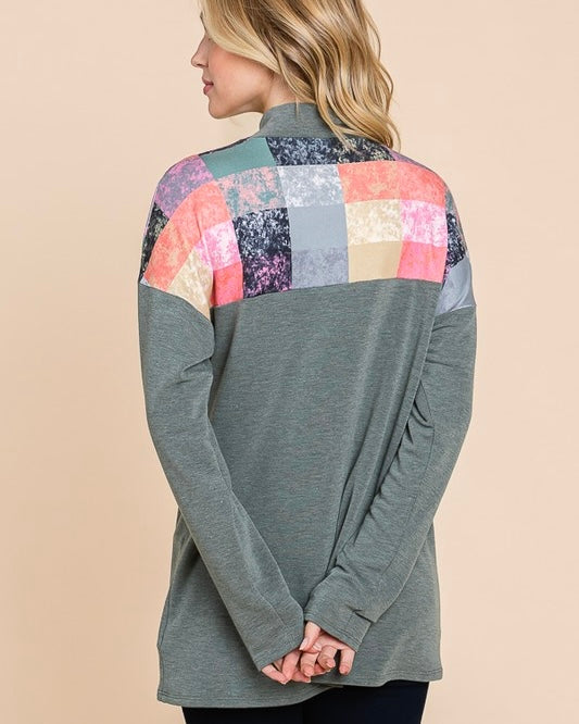 Green Multicolor Plaid Patch Long Sleeve Zip Neck Top