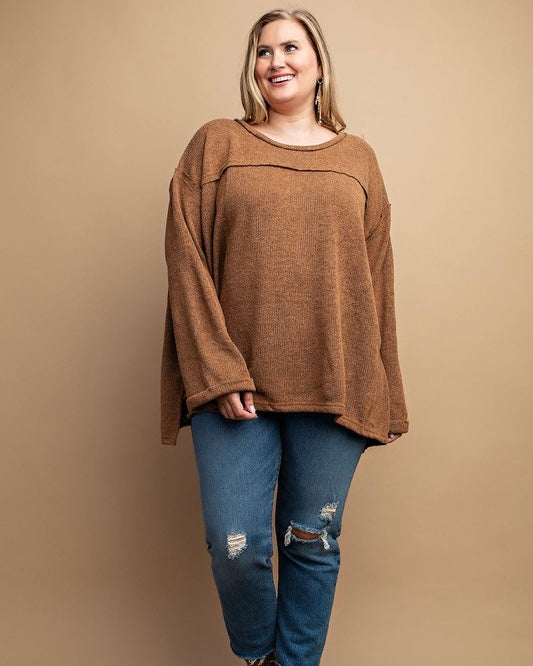 Plus Size Burgandy Wine Mixed and Solid Ribbed Knit Long Sleeve Top