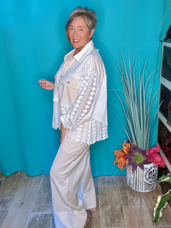 Ecru Cream Off White Striped High Waist Wide Leg Contrast Hem Pull on Pants