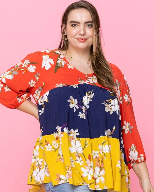 Plus Size Red, Blue & Yellow Color Block Floral Print 3/4 Sleeve VNeck Top