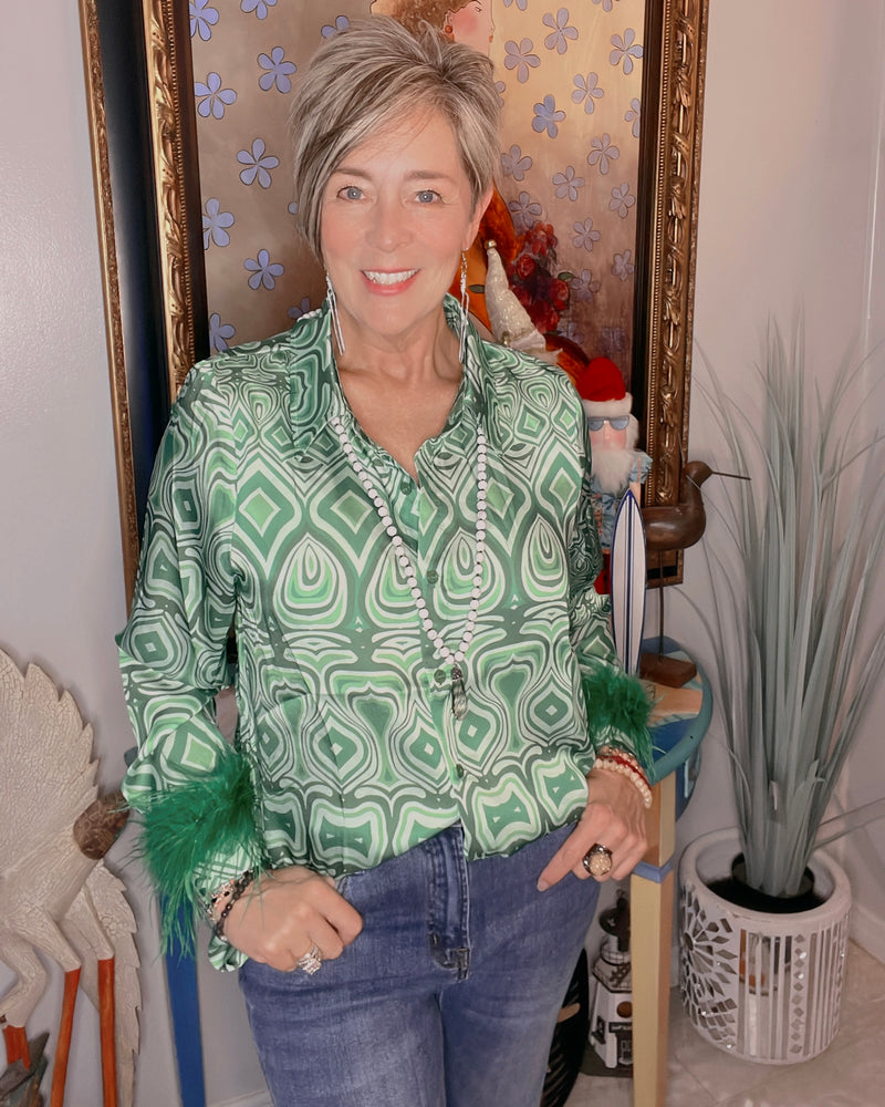 Kelly Green Geometry Graphic Print Long Feather Cuff Sleeve Holiday Party Blouse