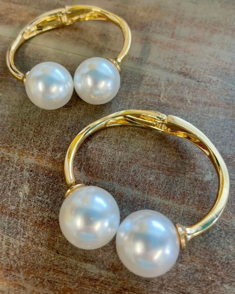 Gold or Silver Tone Large Double Pearl Bangle Hinged Bracelet