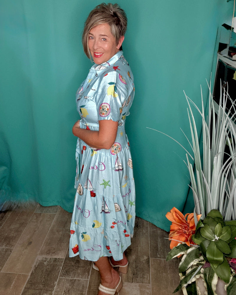 Blue Tropical Vacay Print Button Down Collar Short Sleeve Tier Midi Dress