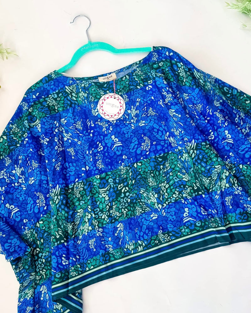 Blue & Green Abstract Animal Print Kimono Sleeve Round Neck Top