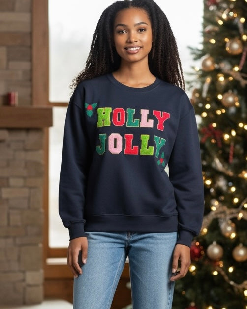 Cmas Green, Red, Black or Cream “Holly Jolly” Chenille Sequin Patch Whimsical Holiday Christmas Sweatshirt Top