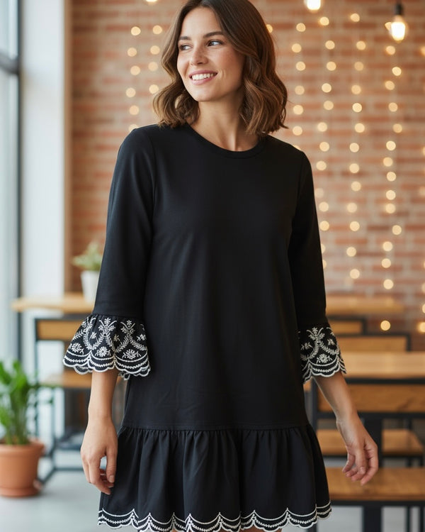 Solid Black with White Stitch Detail Long Ruffle Sleeve Round Neck Ruffle Hem Dress