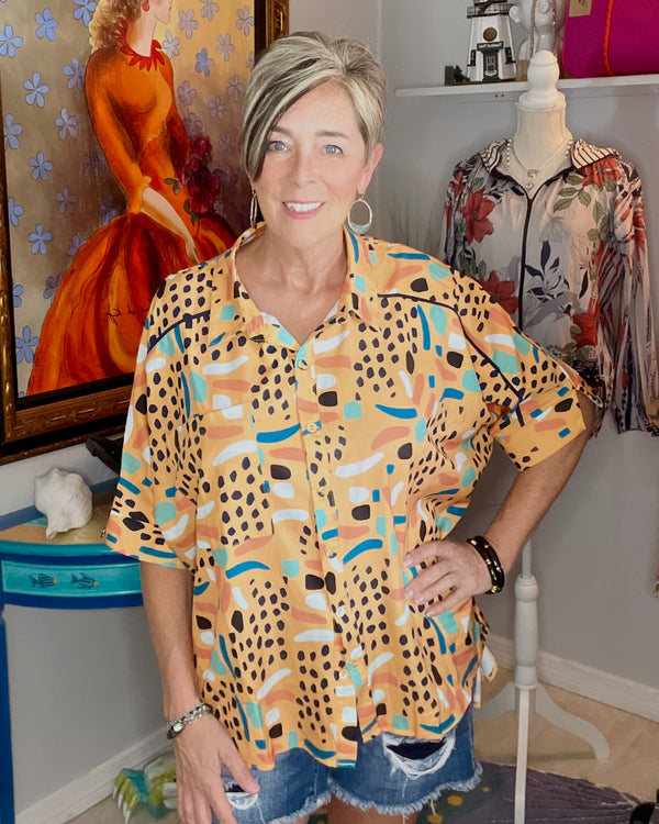 Orange Gold Button Down Collared Blouse w/Black, White & Turquoise Abstract Print