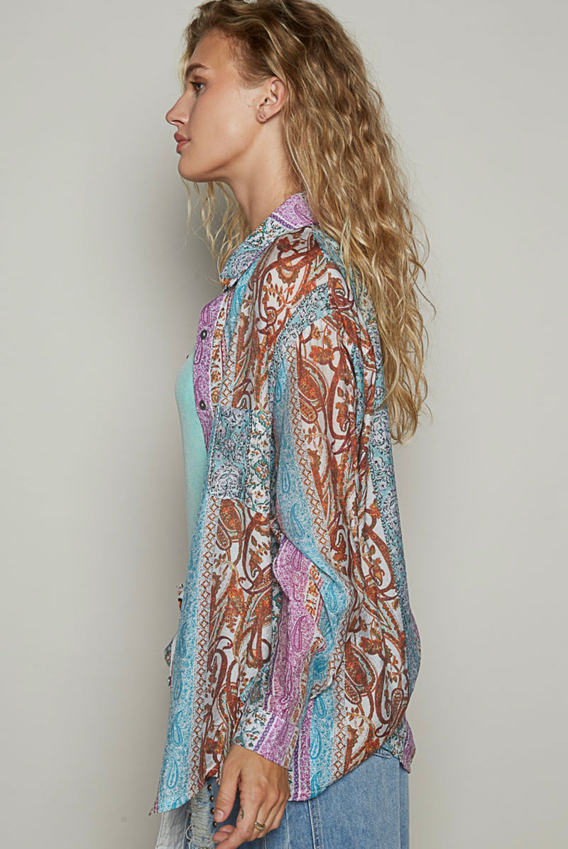 Multicolor Blue Mix Media Button Down Long Sleeve Top