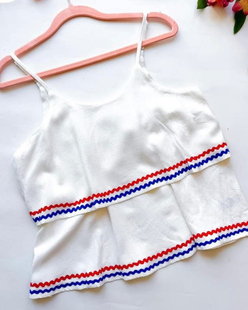White w/Red & Blue Ricrac Double Layered Woven Linen Cami Adjustable Spaghetti Straps Tank Top