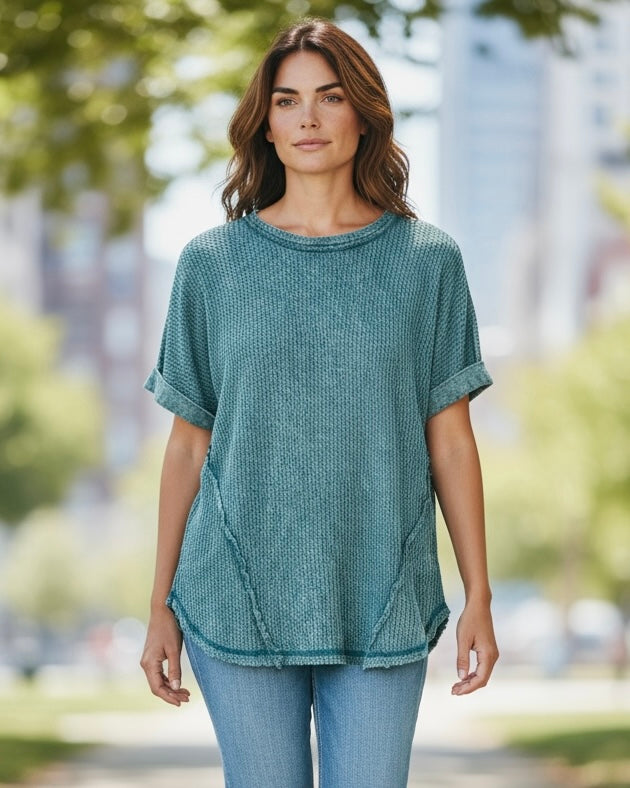 Blue, Green or Pink Mineral Wash Waffle Cotton Short Roll Sleeve Raw Edge Top