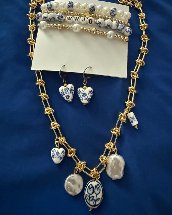 Blue & White Gold Chain Short Necklace, Earring & 4 Pc Stretch Bracelet WWJD Set