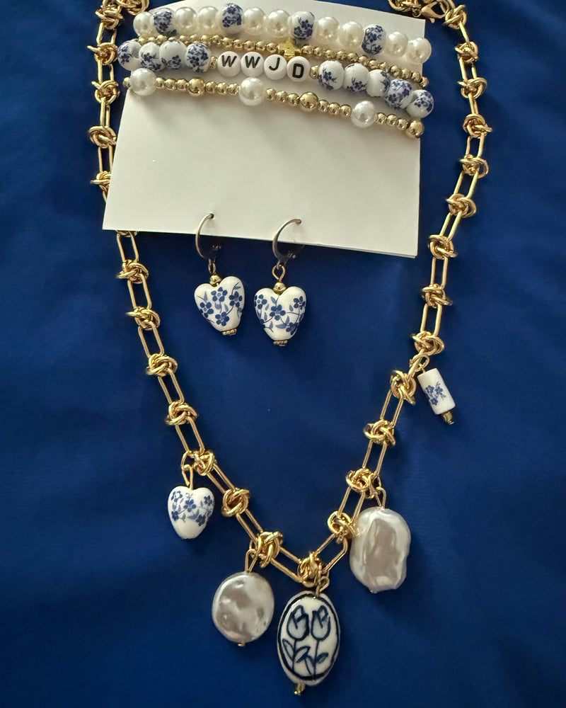 Blue & White Gold Chain Short Necklace, Earring & 4 Pc Stretch Bracelet WWJD Set