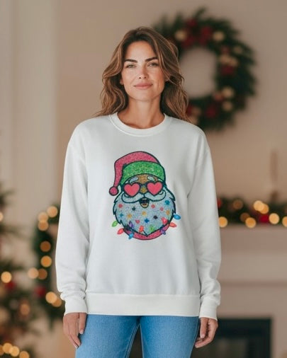 White Sweatshirt with Holiday Light Santa Christmas Sweatshirt