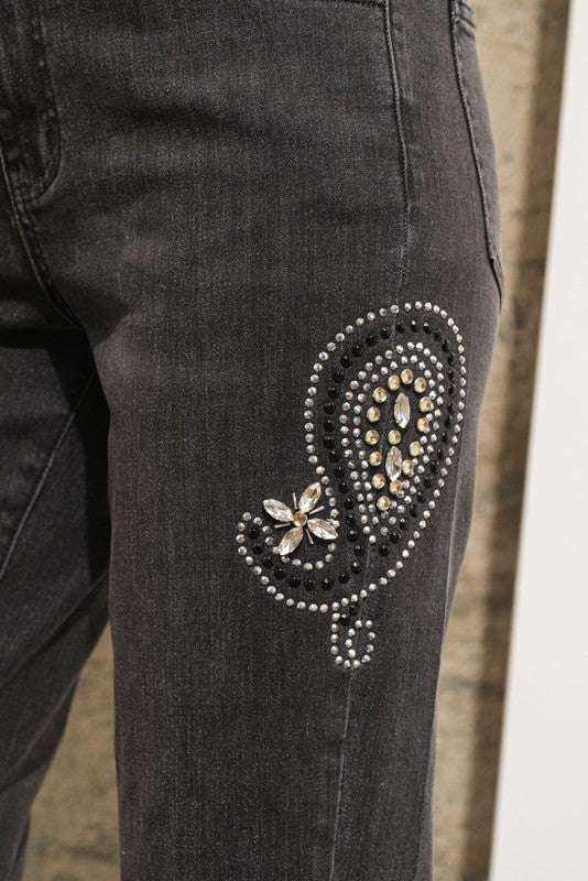Black Mid Rise Paisley Rhinestone Embellished Skinny Stretch Denim Jeans