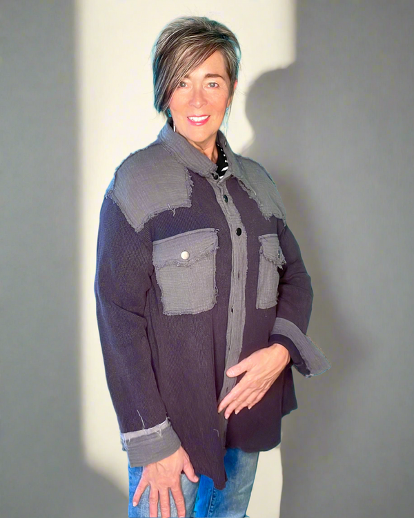 Midnight Navy Gray Blue Waffle Gauze Mix Media Long Sleeve Button Down Shacket