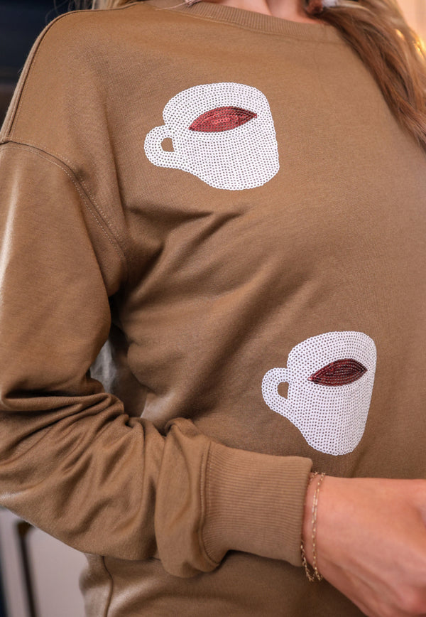 Brown Sequin Coffee Cup Hollow Long Sleeve Lightweight Sweatshirt