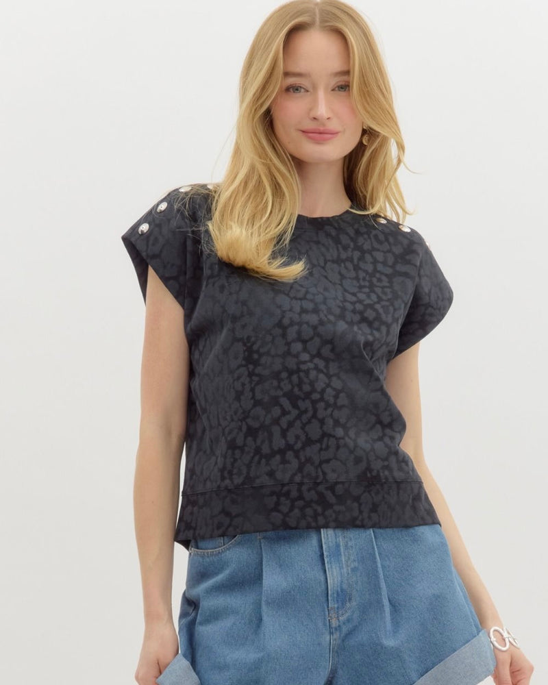 Khaki Brown or Charcoal Black Sleeveless Leopard Print Stud Shoulder Top