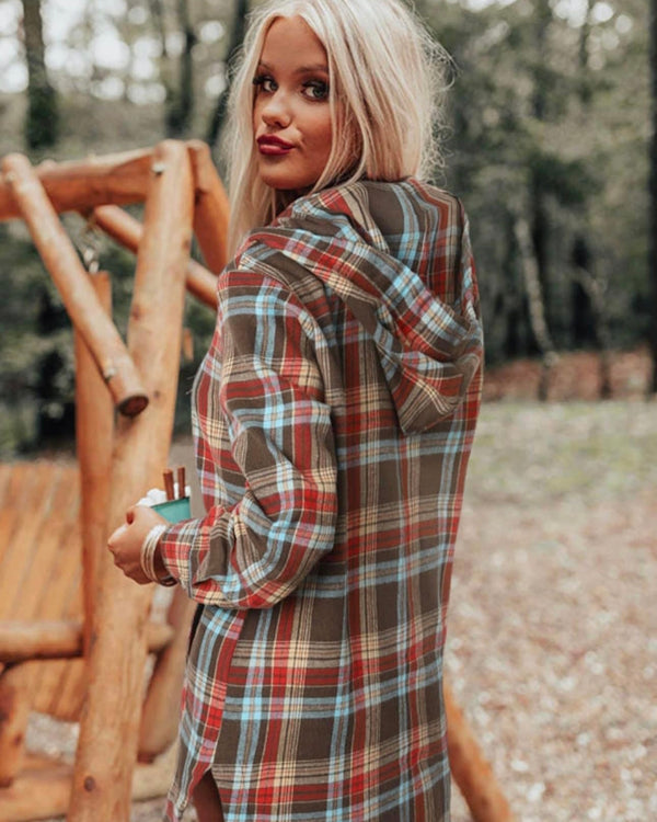 Dark Brown w/red and blue Plaid Button Front Hoodie Tunic Shirt/Dress