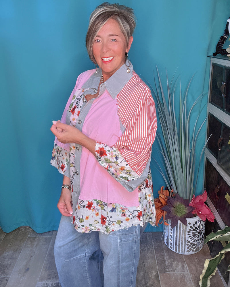 Cotton Boho Pink, Red & Orange Mix Media Block Button Down 3/4 Wide Sleeve Collared Raglan Shoulder Fray Edge Oversize Top