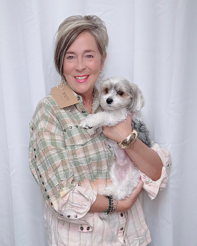 Green & Cream Ombre Plaid Stud Button Down Long Sleeve Top