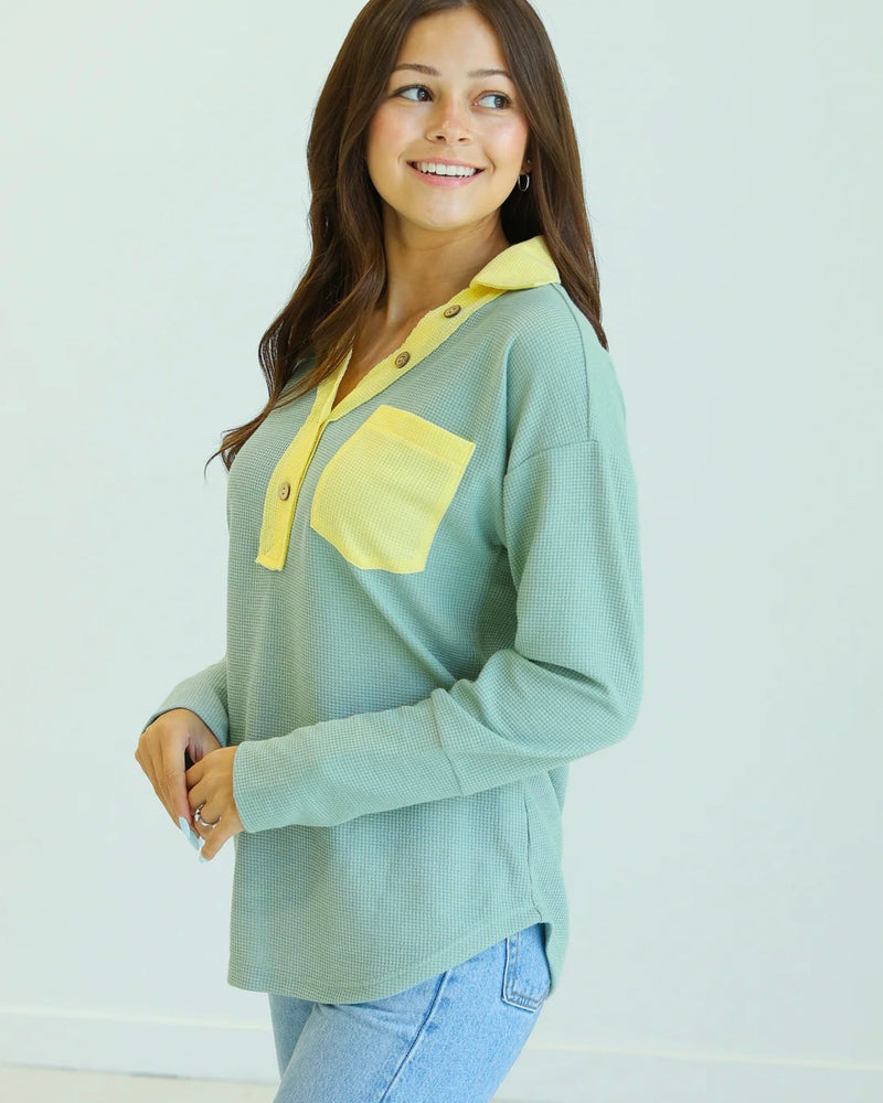 Sage Green and Yellow waffle knit long sleeve button neck top