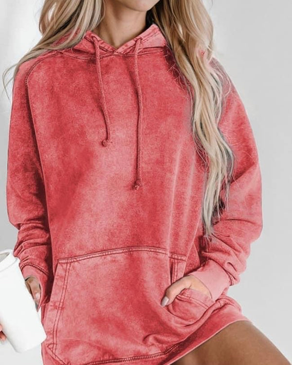 Faded Red Pullover Pocket Front Sweatshirt Drawstring Hoodie